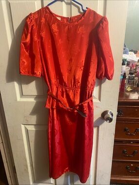 Red Satin Midi Dress with Puff Sleeves and Waist Tie